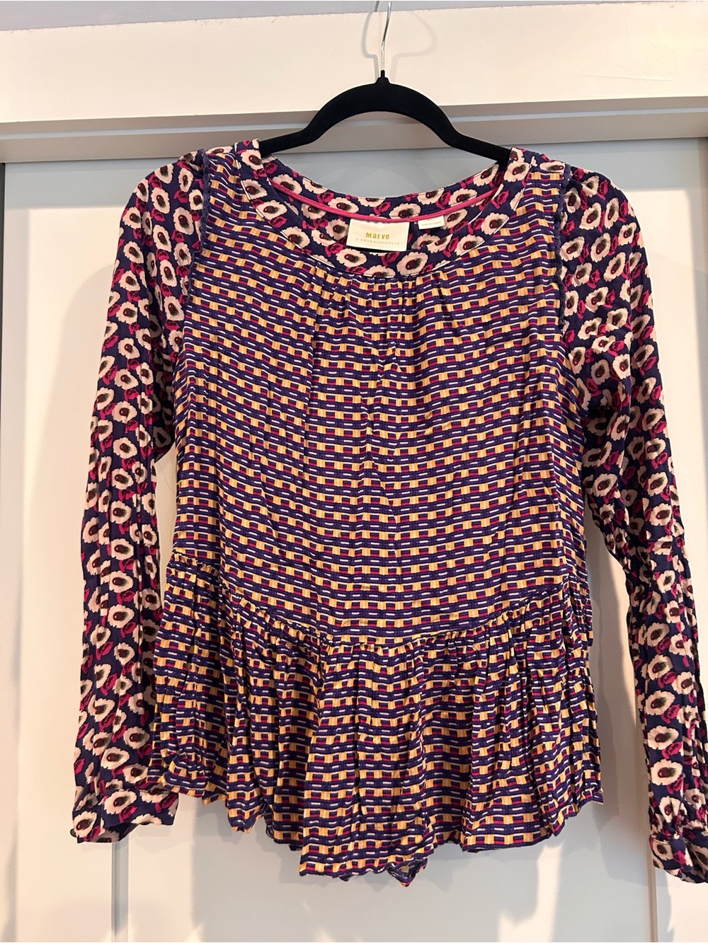 Maeve Mixed-Print Peplum Top in Purple, Pink and Yellow